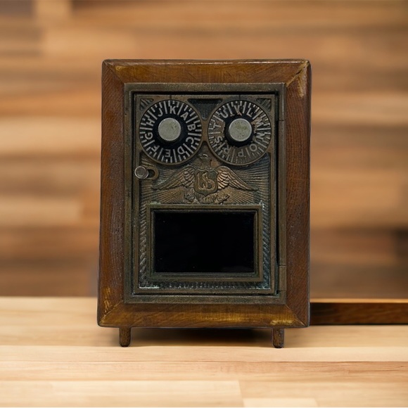 Antique Post Office Double Eagle Dial Door Coin Bank Wooden Box 7" x 5" x 6.5" - Picture 2 of 13